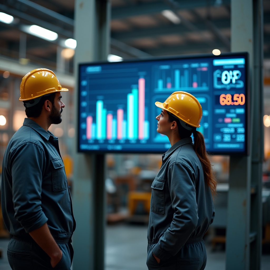 Ecran montat în hală afișând indicatori de productivitate în timp real