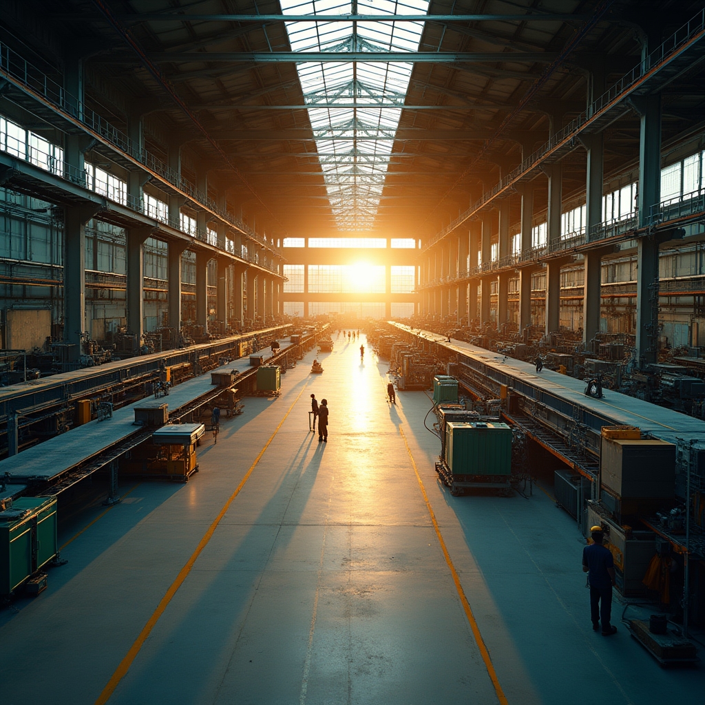 Vedere de ansamblu a unei hale de fabricație cu mai multe linii de producție