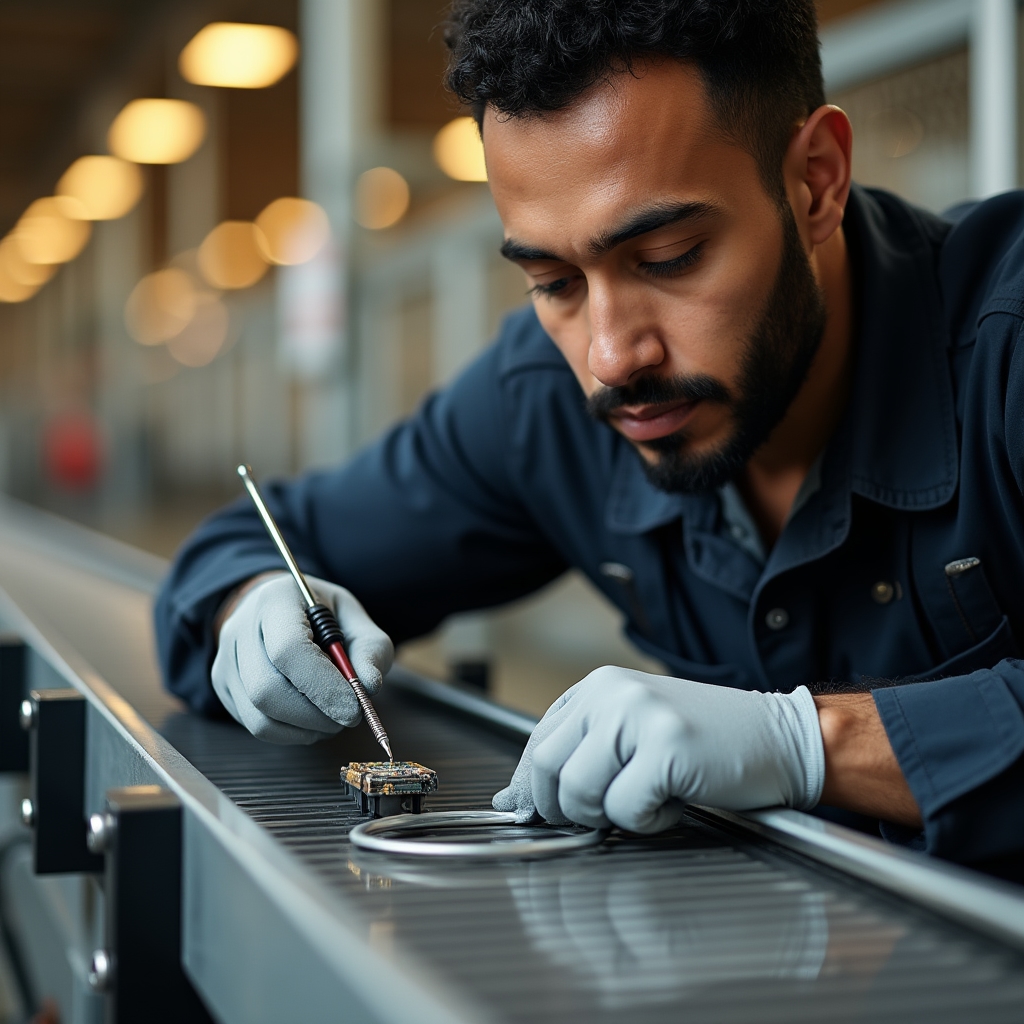 Tehnician configurând un senzor de colectare semiautomată a datelor pe linia de producție