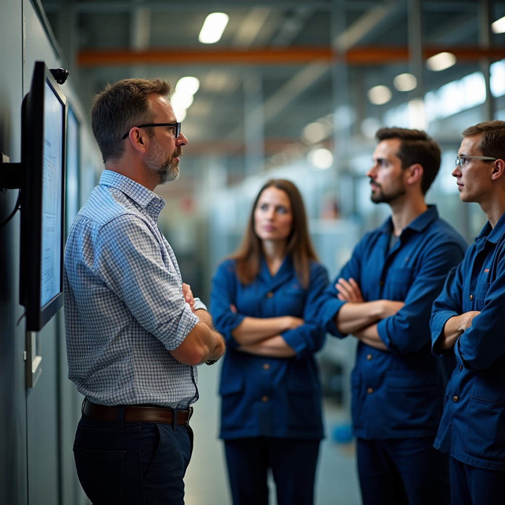 Instructor explicând unui grup de supervizori cum se citește un raport de productivitate